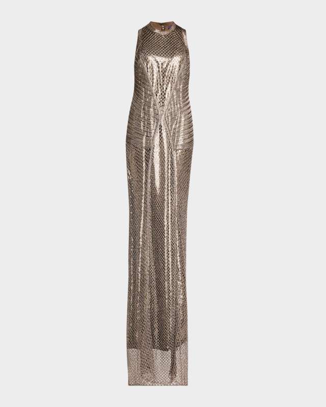 Sleeveless Sequin Crochet Knit Gown